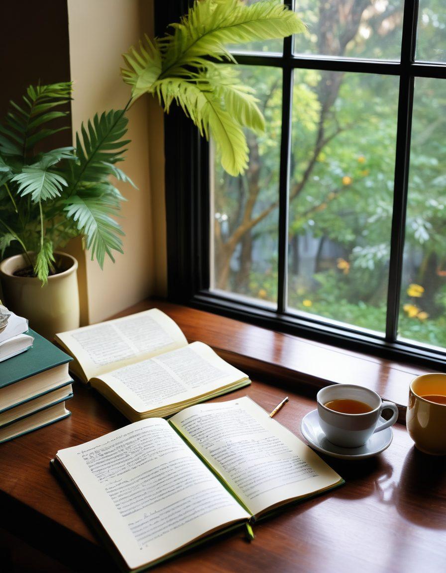 An open notebook with a steaming cup of tea beside it, surrounded by English grammar books and a smartphone displaying a language learning app. A window in the background shows a sunny day with trees, symbolizing growth and learning. Incorporate elements like a feather quill, sticky notes with vocabulary tips, and motivational quotes surrounding the scene. super-realistic. warm colors. inviting atmosphere.