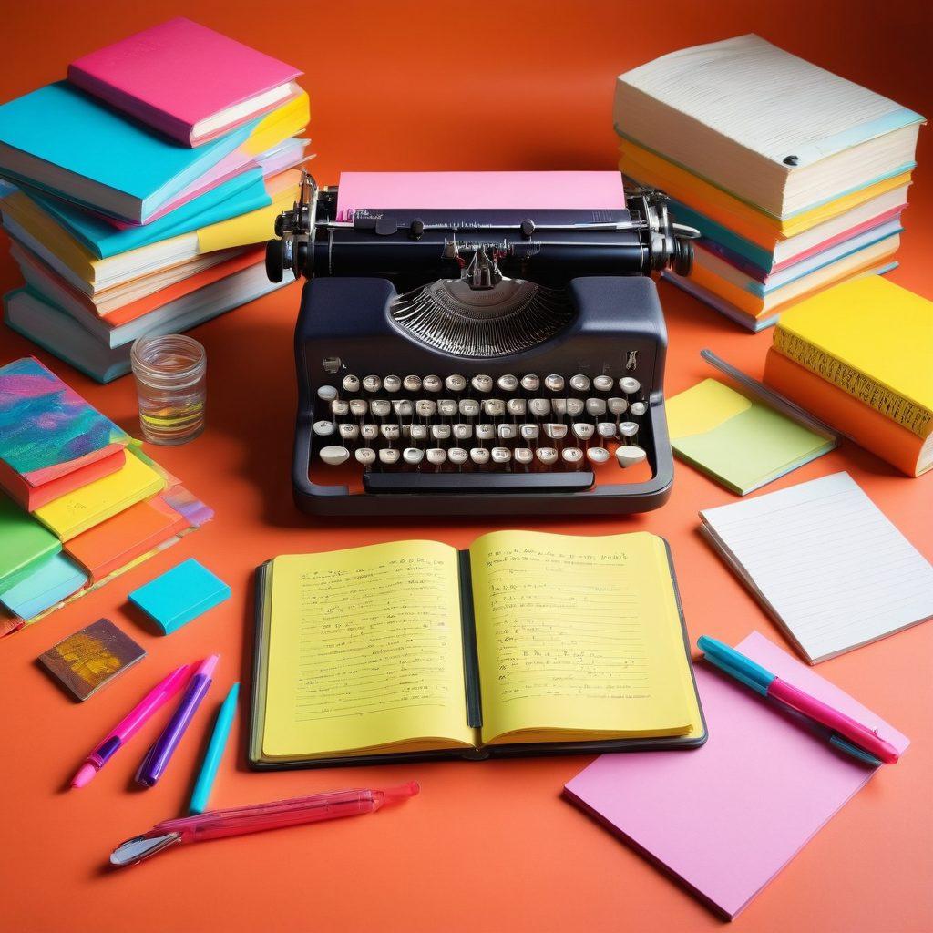 An open notebook with neatly written grammar rules surrounded by colorful stationery like pens and sticky notes, with a vintage typewriter in the background symbolizing writing evolution. A light bulb above the notebook represents ideas and creativity, and a warm, welcoming atmosphere enhances the scene. bright colors. 3D. inviting layout.