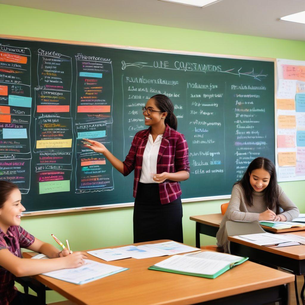A vibrant classroom scene depicting diverse students engaged in learning English grammar, with colorful charts illustrating essential grammar rules, books open with notes, and a teacher enthusiastically explaining concepts. The background features a chalkboard filled with example sentences and illustrations. A warm, inviting atmosphere enhances the focus on effective communication. bright colors. 3D.